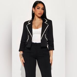 Elegant Black Blazer with Pearl Trim
